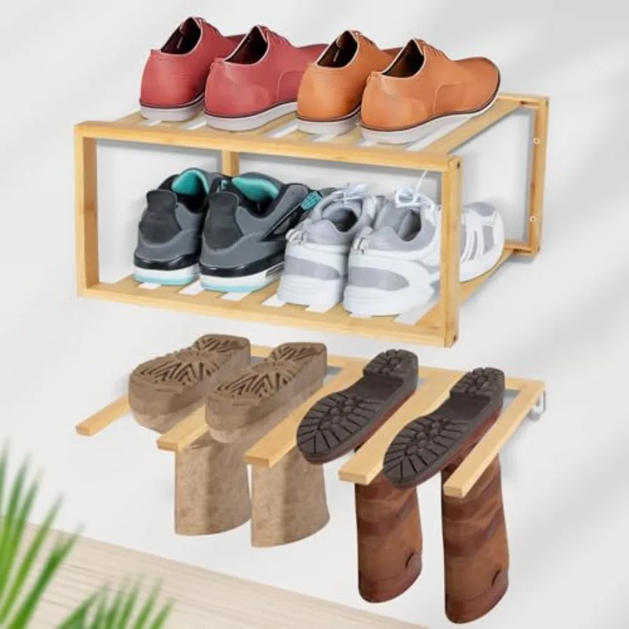 

Boot Hangers Hanging Shoe Rack Wall Mounted Floating Tall Boot Holder Bamboo Wader Organizer 3Tier Display Shoe Rack Holds 6 Pa