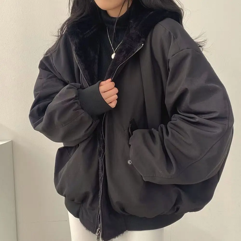 Korean Casual Thickened Double-sided Wearing Tees Cotton Jacket Women's Pocket Coat Winter New Fsahion Zipper Loose Hooded Tops