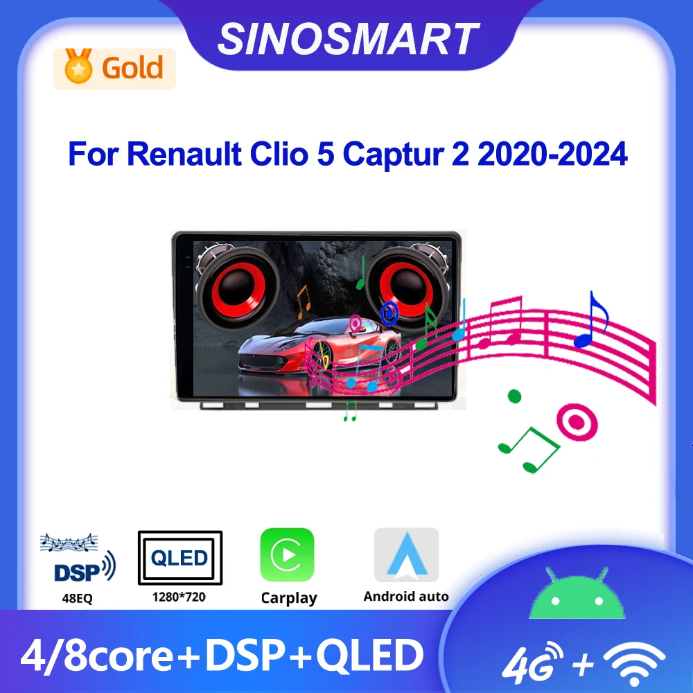 SINOSMART Car GPS Navigation Radio For Renault Clio 5 Captur 2 2020-2024 DSP CarPlay Android Auto