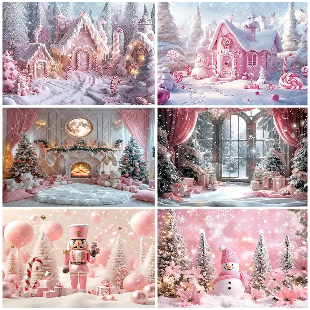 

Pink Dreamy Candy Snowhouse Background Christmas Snowman Photography Backdrop New Year Party Decorations Baby Shower Girl Gifts