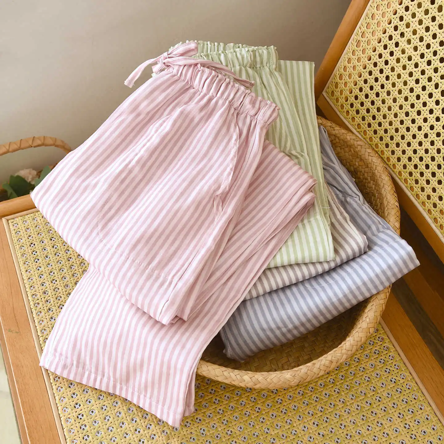 

Women's Spring Summer Striped Sleep Pants 100% Cotton Gauze Loose Straight Long Pants Thin Casual Loungewear Pajama Bottoms Wear