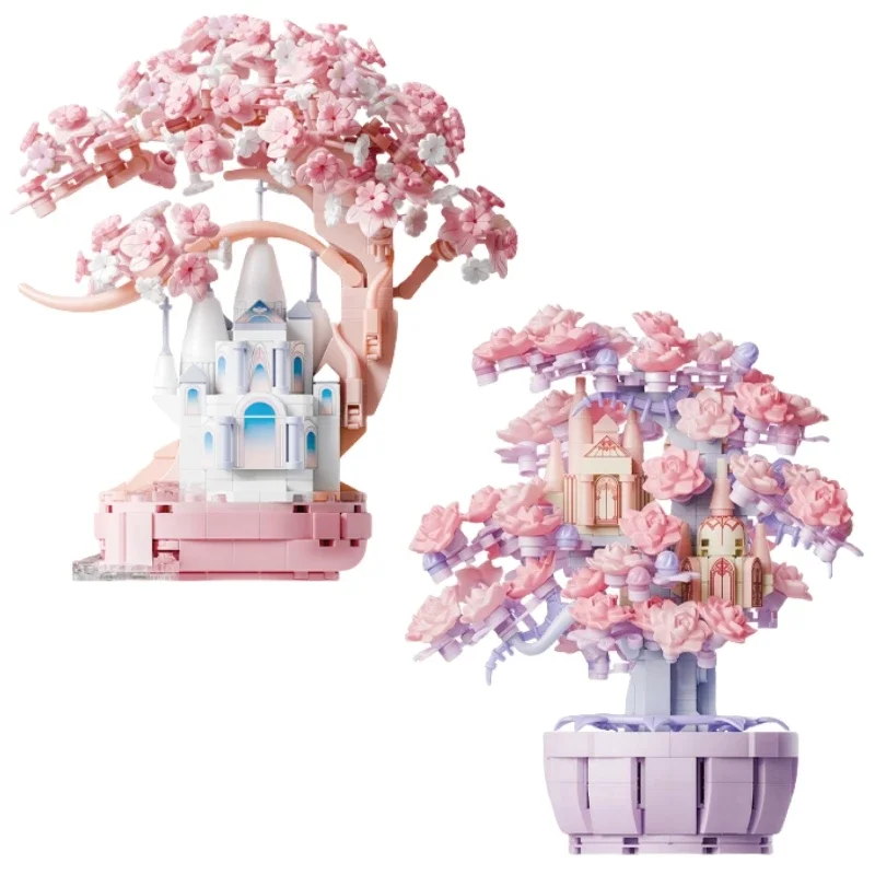 Sakura Tree House Building Blocks Flower Small Particles Light-sensitive Color-changing Model Ornaments Assembly Toy Gift