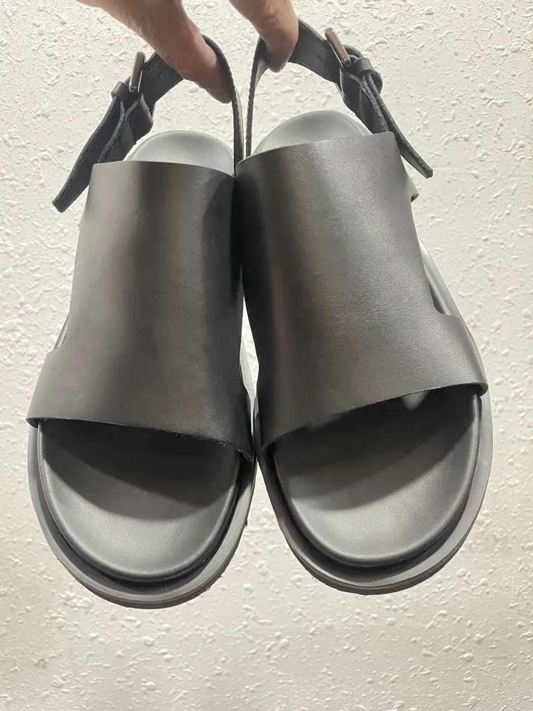 Vintage Mens Black Cowhide Genuine Leather Sandals Buckle Strap Antiskid Platform Casual Beach Shoes Open Toe Glaidator Sandals