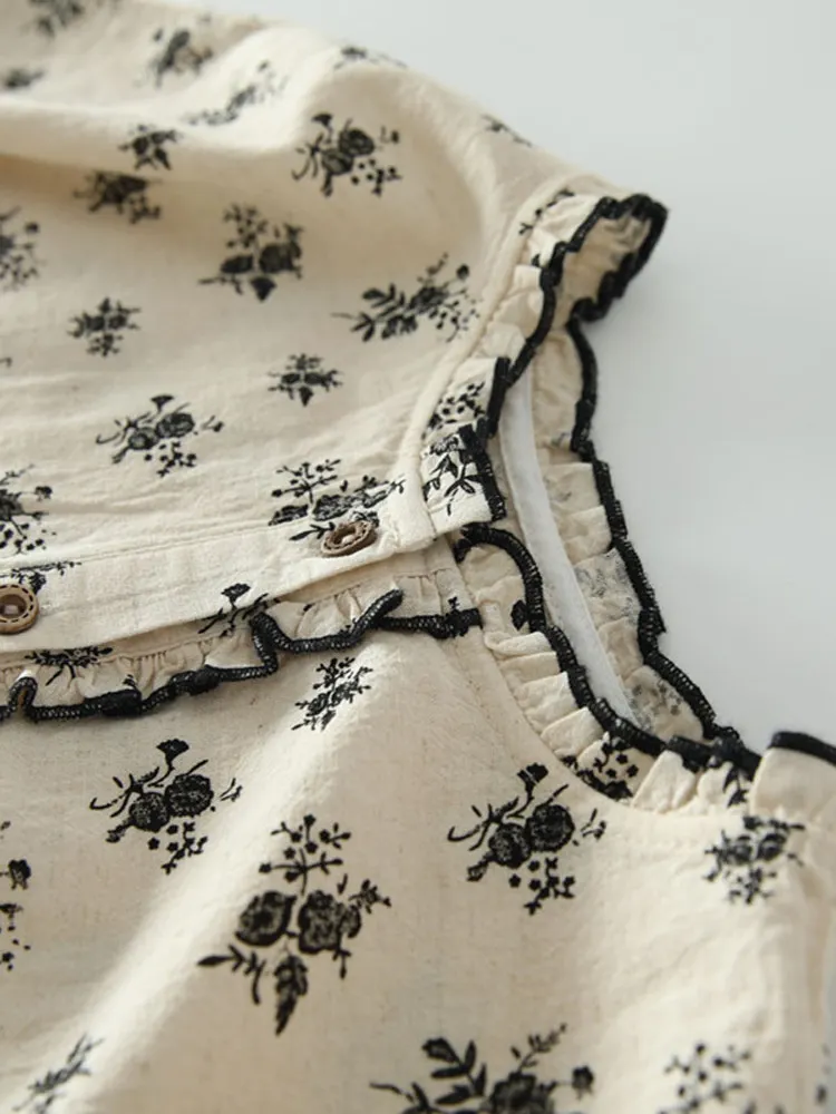 Zomer nieuwe Sweet Forest System Bla d bloemenprint ort Sve losse overhead irt katoenen damesblouse met normale pasvorm