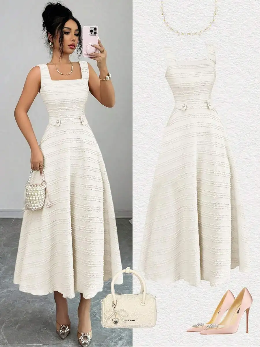 

Elegant A-Line Waist Cinching Long Dress With Faux Pearl Decor Textured Fabric