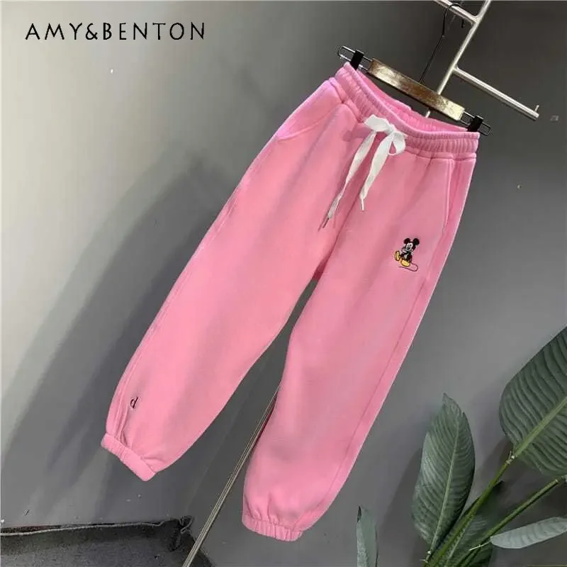 

Potdemiel Autumn Winter Loose White Sports Pants Ladies Casual Pants Meter Cute Cartoon Embroidery Ankle-Tied Sweatpants Women