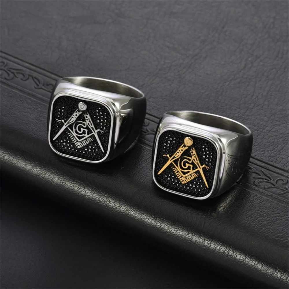 Men's Stainless Steel Freemason Masonic Ring Vintage Punk Gold Plated Freemason Symbol Masonic Biker Rings Band