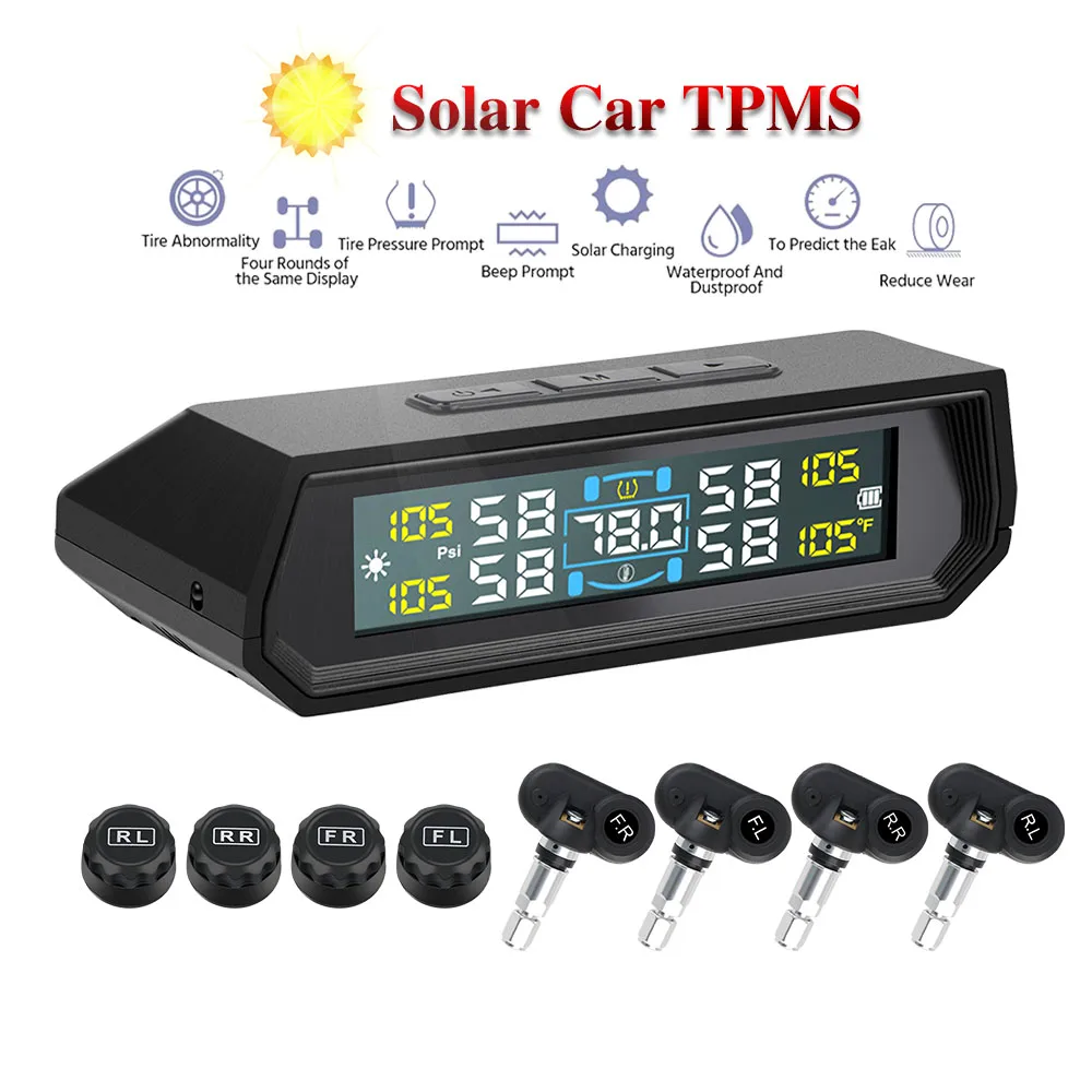 T17 carro tpms 4 sensores de pneus 433.92mhz usb movido a energia solar temperatura display sistema monitoramento pressão dos pneus alarme segurança automóvel