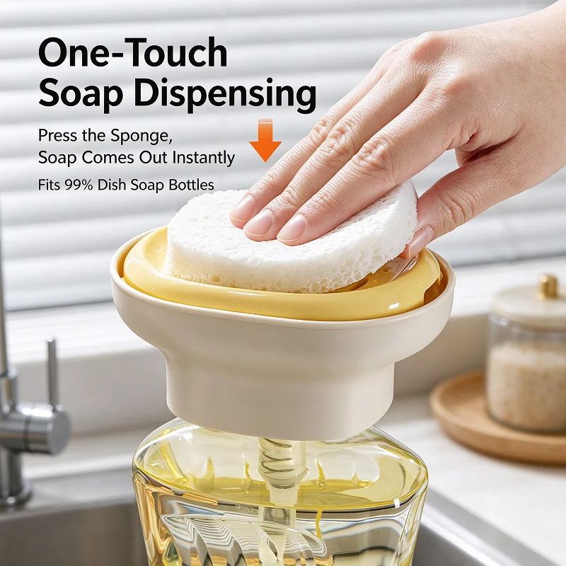 Dish Soap Dispenser Pump Head with Sponge Holder, One-Touch Press Soap Pump Top, Fits 99% Bottles, No Refill Needed