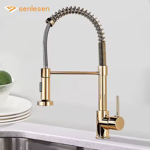 Senlesen Golden Kitchen Spring Faucet Brass Deck Mount 360 Degree Rotate Stream &amp; Sprayer Nozzle Hot Cold Mixer Vanity Sink Tap