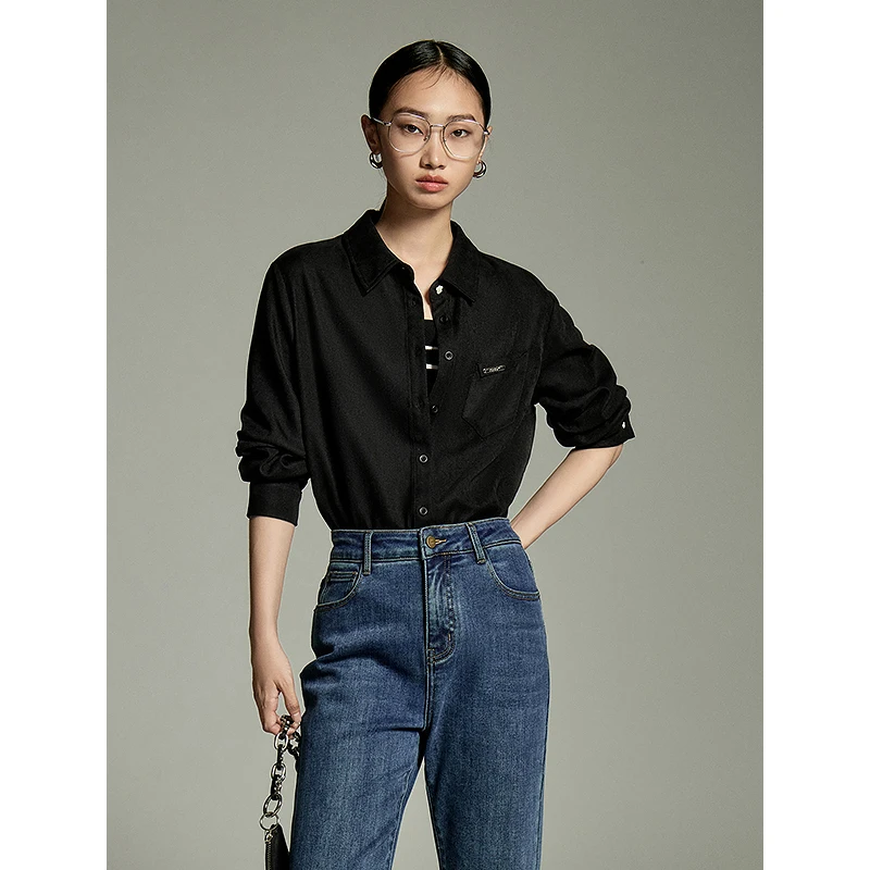 Toyouth Women Thickened Shirt 2023 Autumn Long Sleeve Polo Neck Loose Blouse Pocket Design Casual Commuting Three Colors Tops