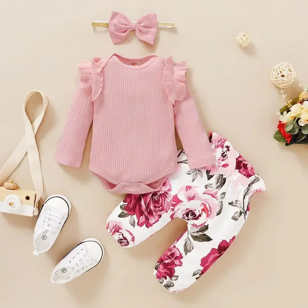 0-18M Newborn Baby Girls Clothes 3Pcs Set Ruffle Romper Long Sleeves Bow Pants Headband Infant Spring Autumn Toddler Outfit