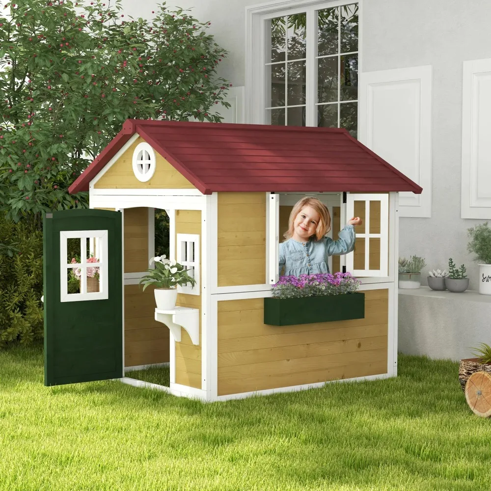 

Outdoor Kids Playhouse, Wooden Playhouse with Door, Window, Flower Pots and Boxes, Backyard Hut Playhouse