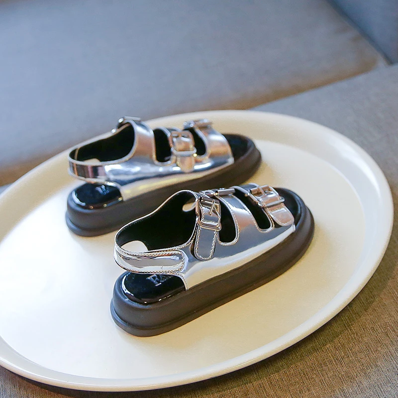 Children Patent Leather Black Sandals Toddler Boys Gilr Buckle Beach Shoes Kids Infant Open Toe Casual Sport Sandalias 6-12Y