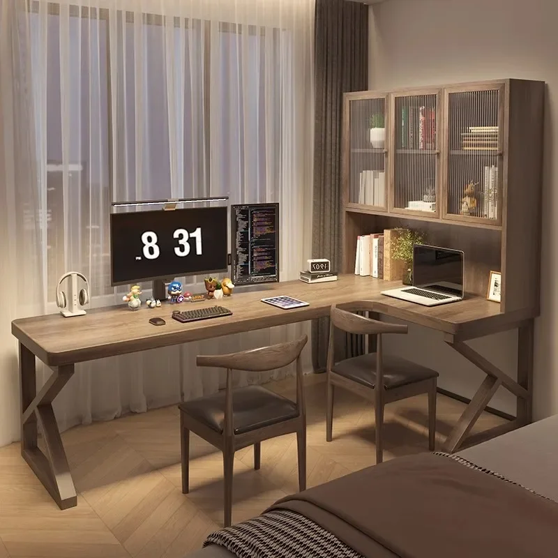 Corner desk with glass bookcase integrated solid wood computer desk learning table simple L-shaped home writing table