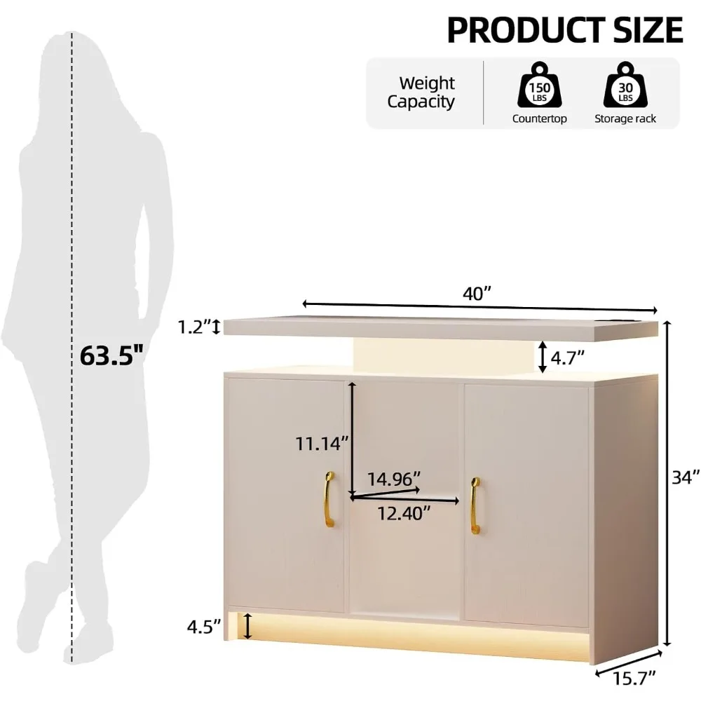 40 Inch Coffee Bar Cabinet with Charging Station, 2 Shelves, LED Lights, White