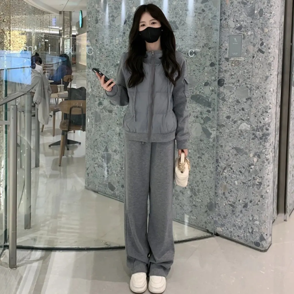 Women's Casual Sports Suit Slimming Cotton Hooded Sweatshirt And Wide Leg Pants Two-Piece Set Western Style Winter