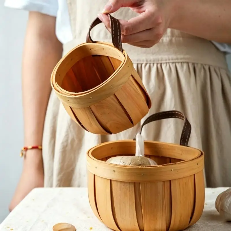 Handwoven Natural Wood Storage Basket Sturdy Handle Large Capacity for Kitchen Pantry, Camping Food Storage
