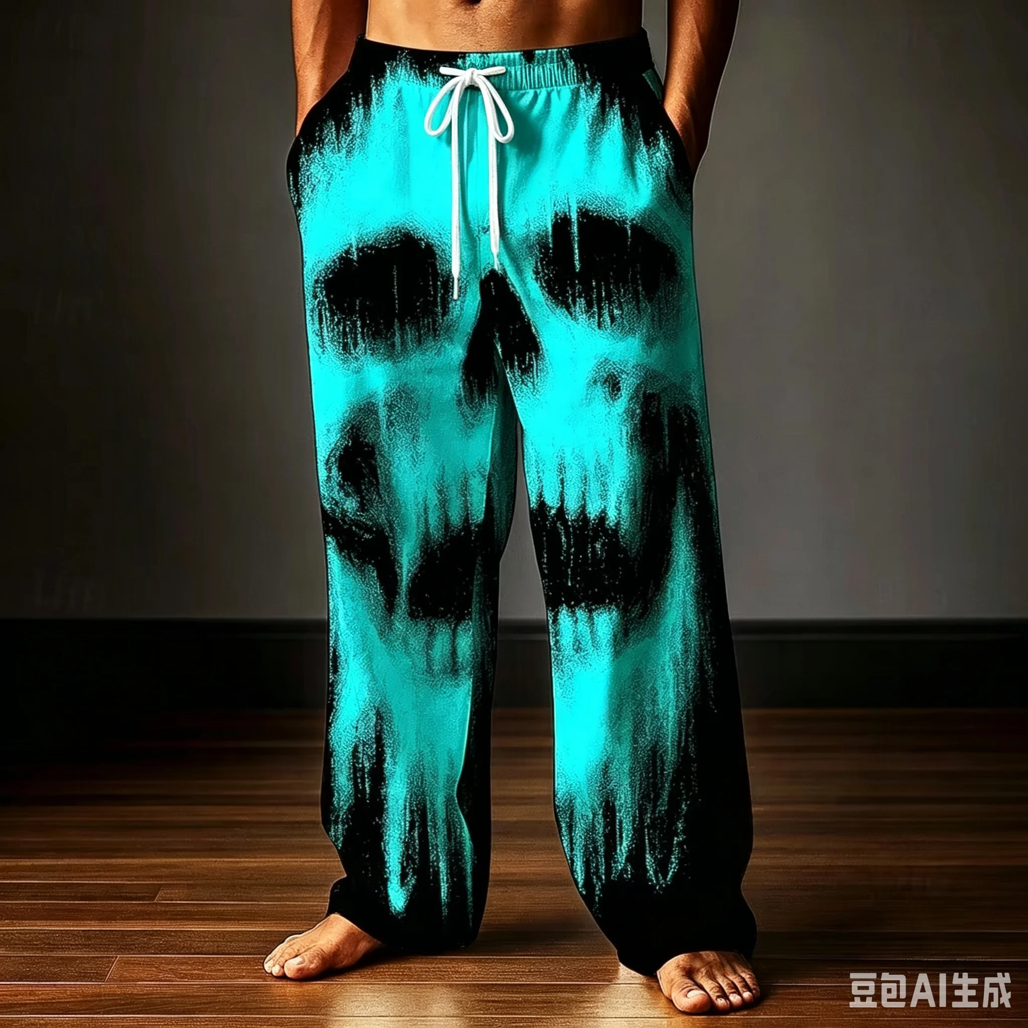 Elastic Drawstring Waist Casual Trousers Skull Print Loose Full Length Pants Fashion Street Style Bottoms With Hand Pockets