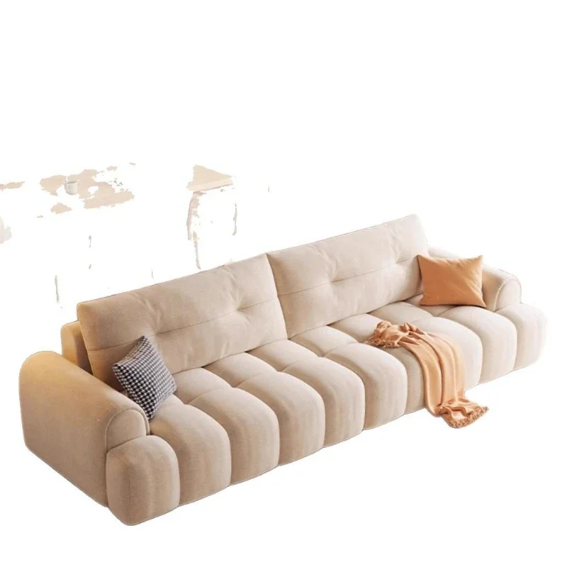 

Cream wind puff fabric sofa straight row small apartment Nordic modern simple matte cloth straight row marshmallow sofa