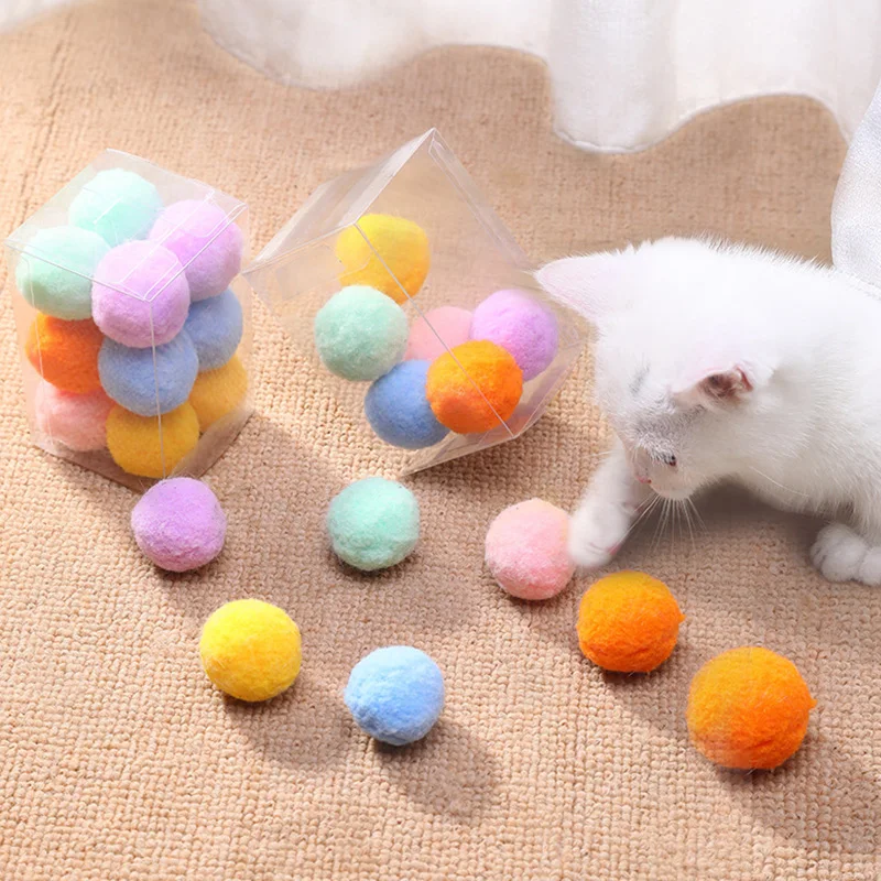 12Pcs/lot Funny Cat Toys Stretch Plush Ball Toys for Cats Colorful Interactive Cat Pom Pom Kitten Chew Toy Pet Supplies