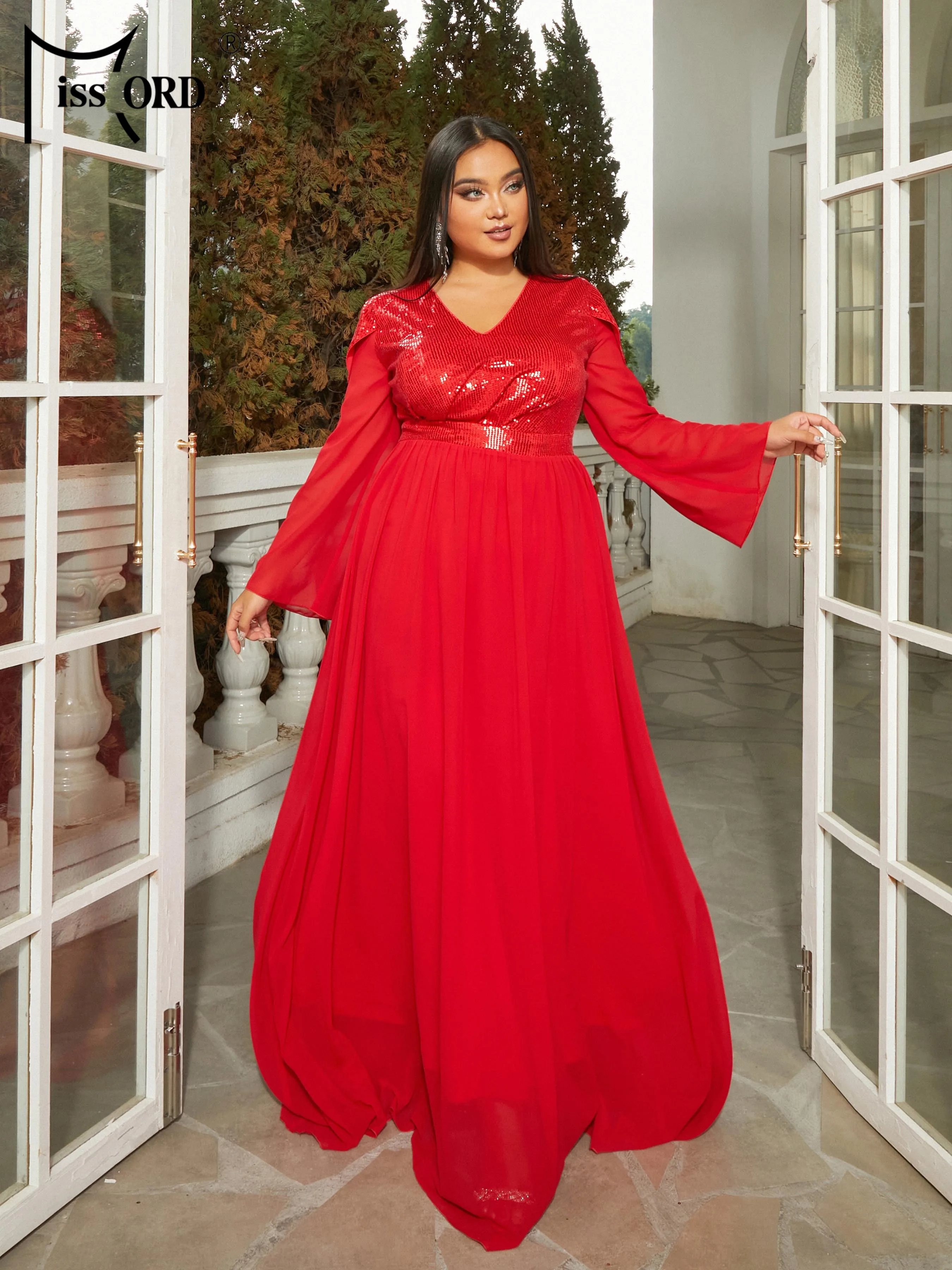 Missord New Plus Size Red V Neck Long Sleeved A-line Evening Prom Wedding Birthday Party Formal Occasion Dresses