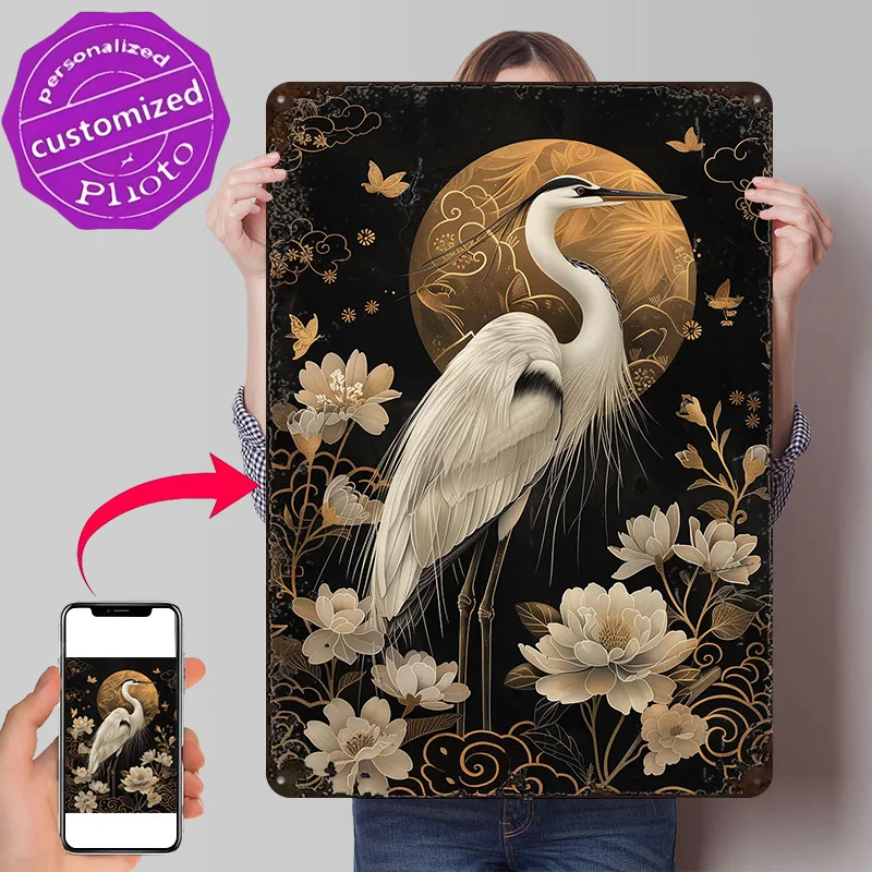 Heron Kintsugi Art Personalized 3D Textured Metal Poster Wall Art Vintage Tin Signs for Decoration Bedroom Home Decor Room Items