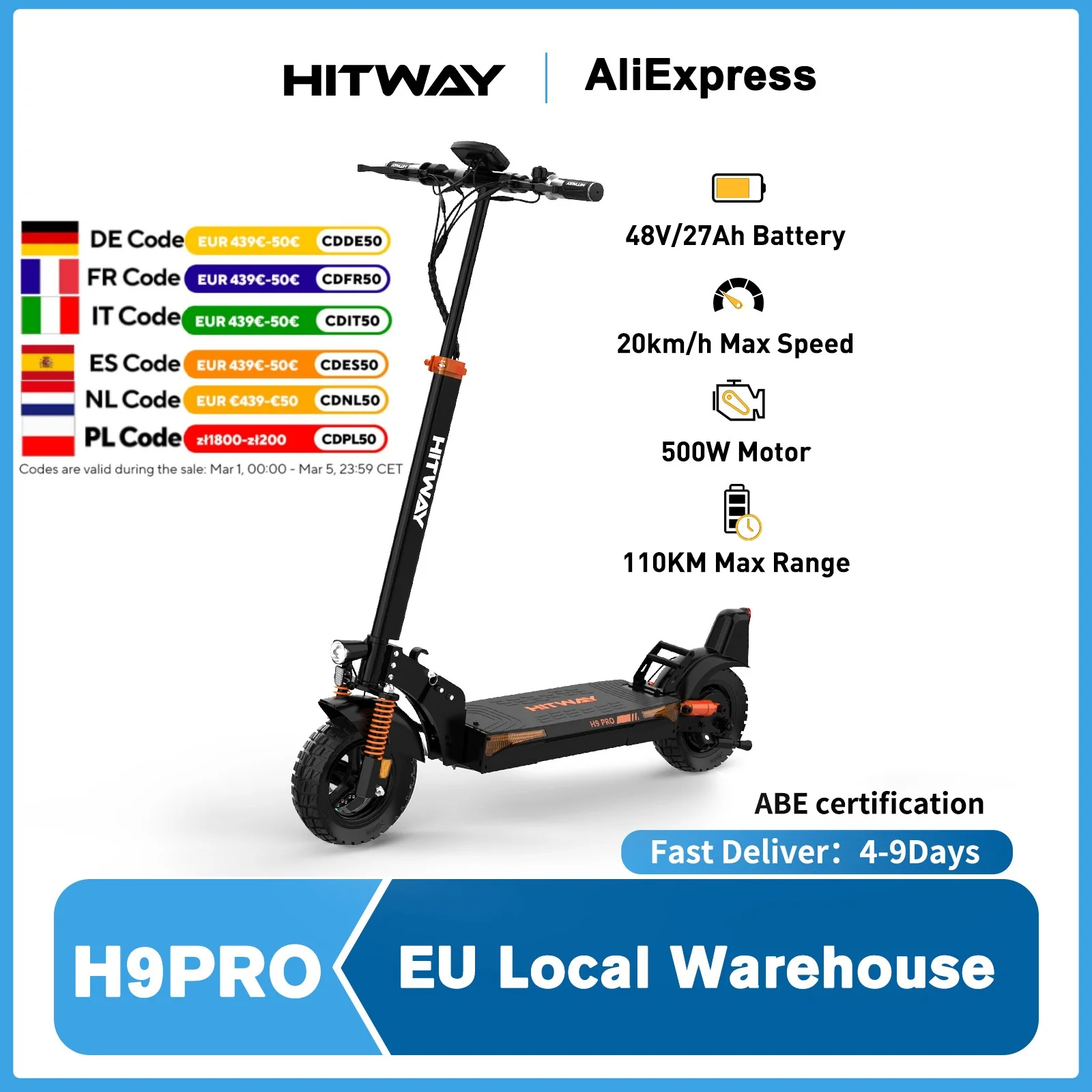 E scooter Hitway with road approval (ABE), 10 inch adult electric scooter, battery 27ah, engine 500W,