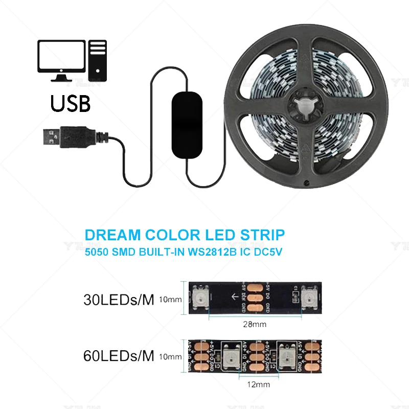 LED USB Computer Strip Screen Color Sync Back Light Bar RGBIC Dream Color E-Sports Monitor Ambient Decor Lamp Software Control