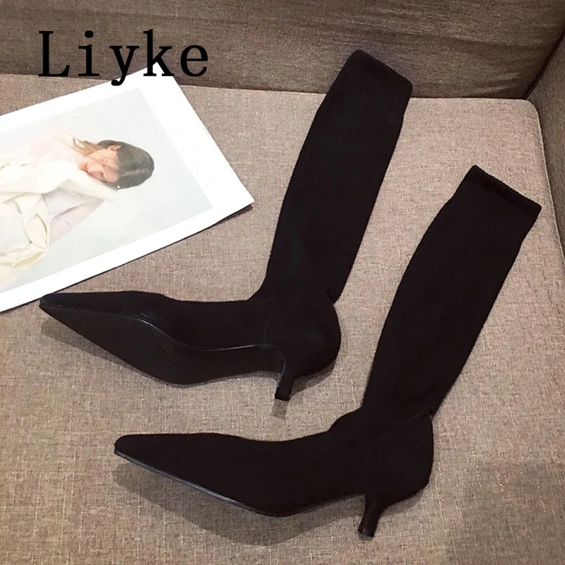 Liyke New Fashion Pointed Toe Thigh High Sock Boots Women Knitting Stretch Fabric Casual Low Thin Heels Over The Knee Shoes Gray