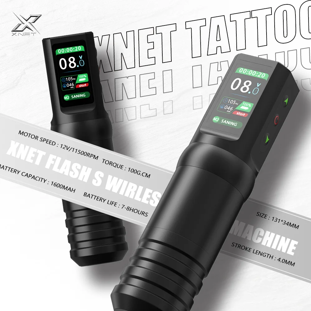 

XNET Flash S Беспроводная машина для татуировки, ход 4,0 мм, бессердечный двигатель, 1600 мАч, умная батарея, смелое затенение, цветная упаковка для татуировки