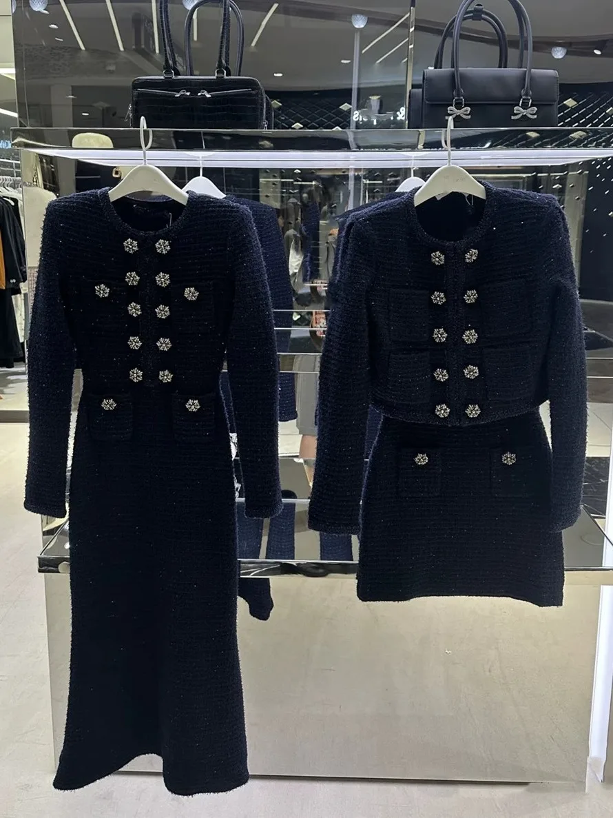 

High-End Version Autumn Winter French Sle ort Skirt Cardigan Dr Series k Blue Double Button Knitted High Waist Soli...