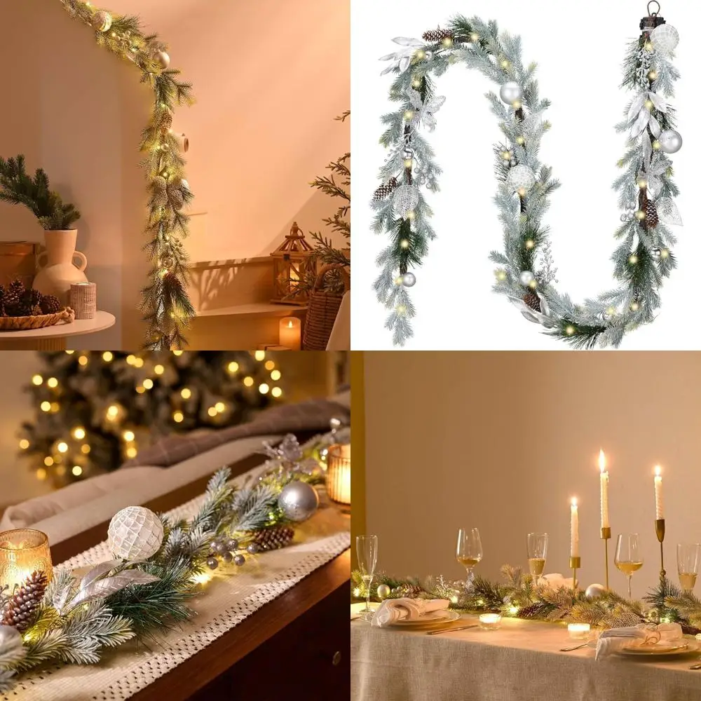 

Предварительно освещенная серебряная рождественская гирлянда длиной 9 футов с украшениями для мантии, лестницы и наружного камина