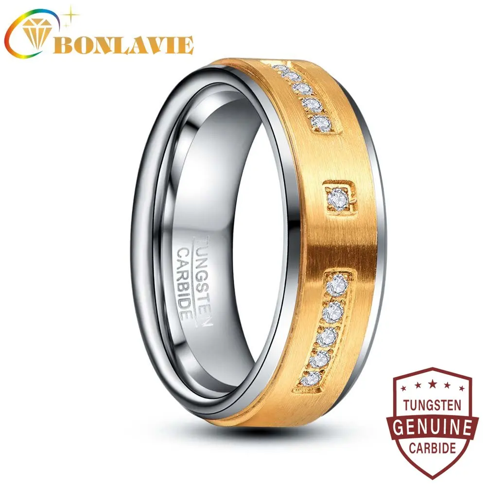 

BONLAVIE 8mm Surface Electric Gold Inlaid Zircon Tungsten Carbon Ring Men's Rings Jewelry Party Wedding Band Size 7-12