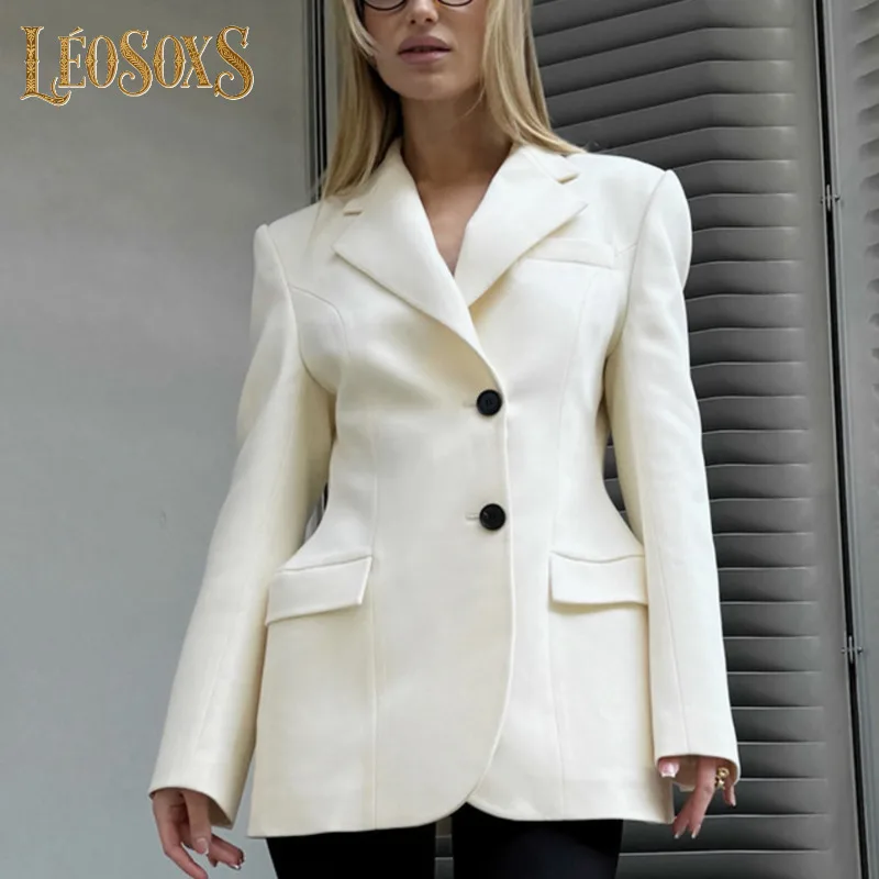 

LEOSOXS Осень 2025 Однотонные тонкие женские деловые куртки с длинными рукавами Элегантные пиджаки с v-образным вырезом Офисное женское пальто средней длины Костюм Пальто