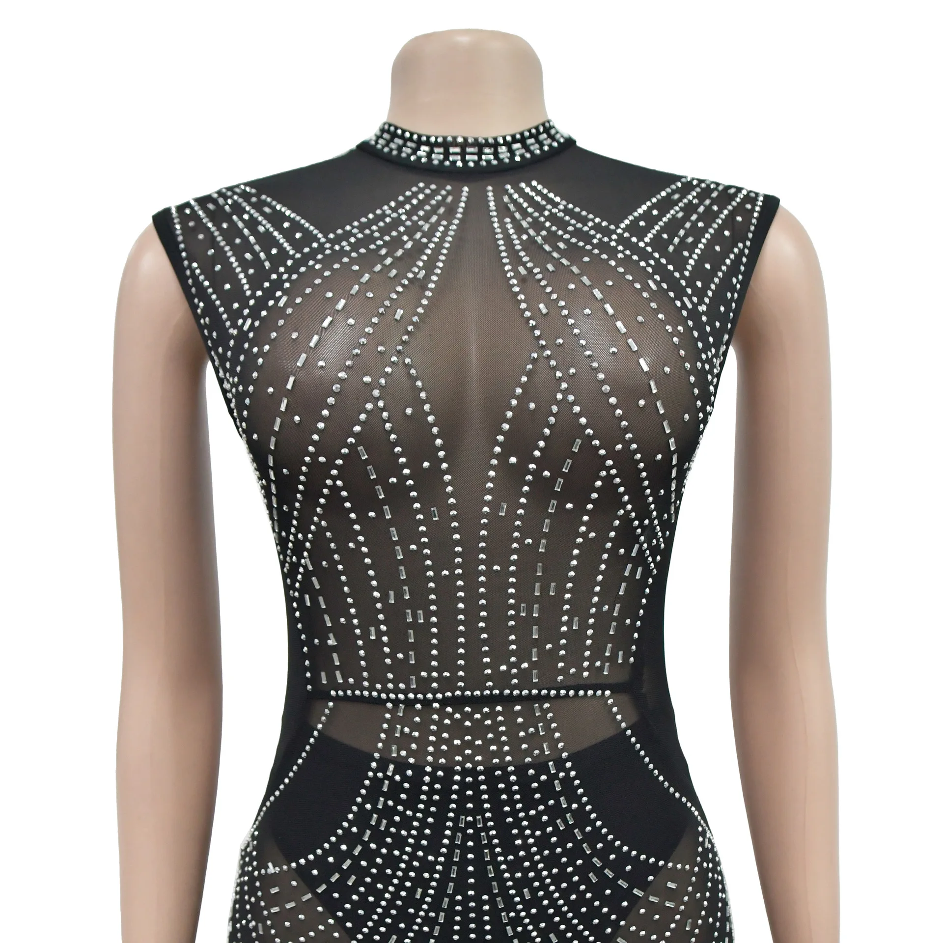 Sexy Nachtclub Party Prom Club Einfarbig Mesh Hot Strass Ärmellose Hosen Overall