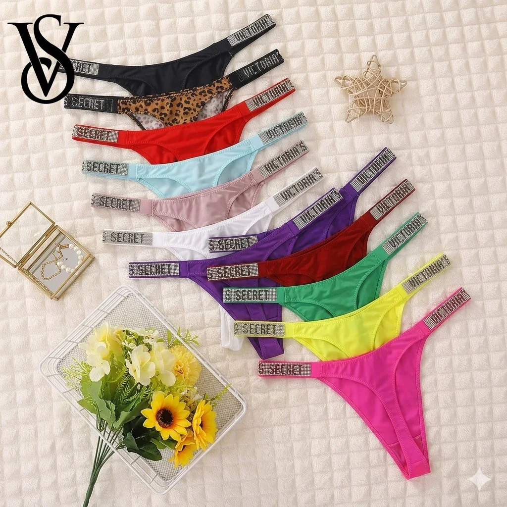 VS Very Sexy Shine Script Thong Panty for Women Underwear G String Sexy Panties Comfortable Daily Wear