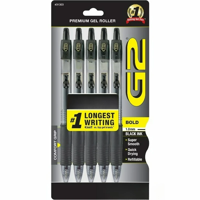 

G2 Retractable Gel Ink Pens, Bold Point, 1.00 mm, Black Ink, 5 Count