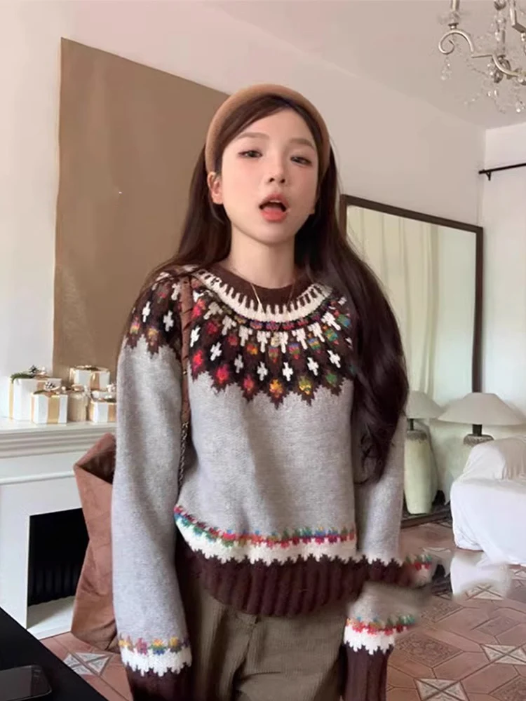 

Ladies Long Sve Knitted Sweater Soft Cozy Island Flower Contrast Color Blo Loose Fit Autumn Winter New Sle Comfortable...