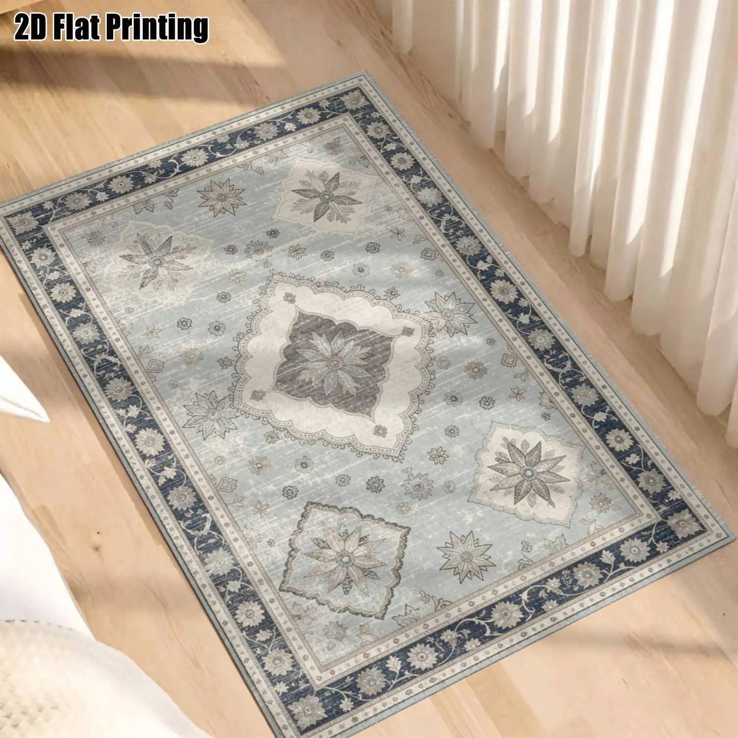 1Pc 2D Printed Blue-Gray Geometric Carpet Multi-Style Options: European, Vintage, Minimalist, Nordic, Instagram. Machine Washable, Multiple Sizes. Ideal for Entrance, Dining Room, Foyer, Bedroom, Living Room as a Floor Mat/Home Decor.