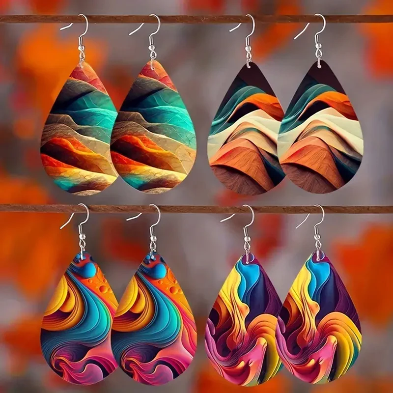 Boho Leather Water Drop Earrings Vintage Double Sided Colorful Oil Painting Earrings For Women