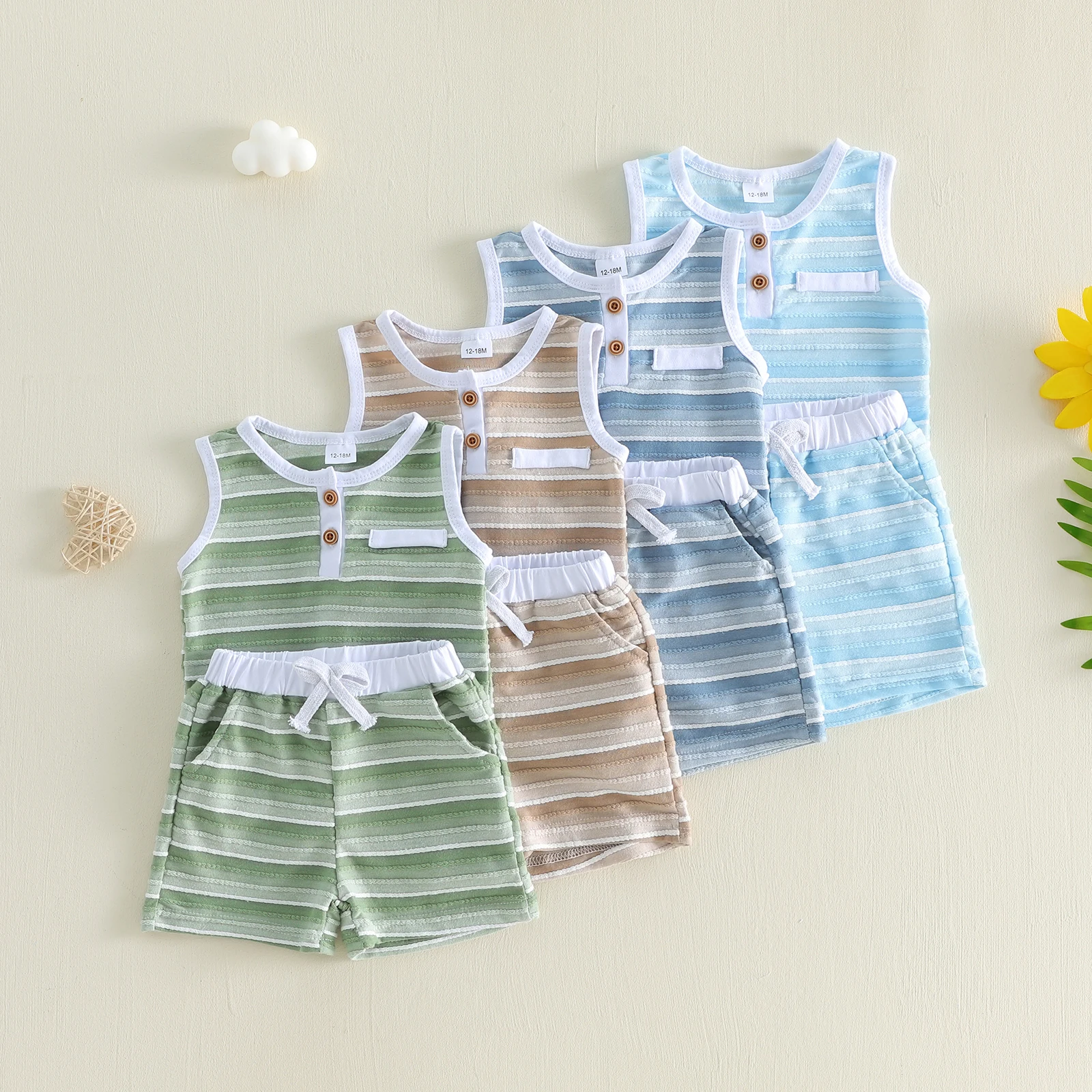 Boys Summer Shorts Sets Sleeveless O Neck Striped Tank Tops Drawstring Shorts 2 Pieces Boys Casual Outfits Set