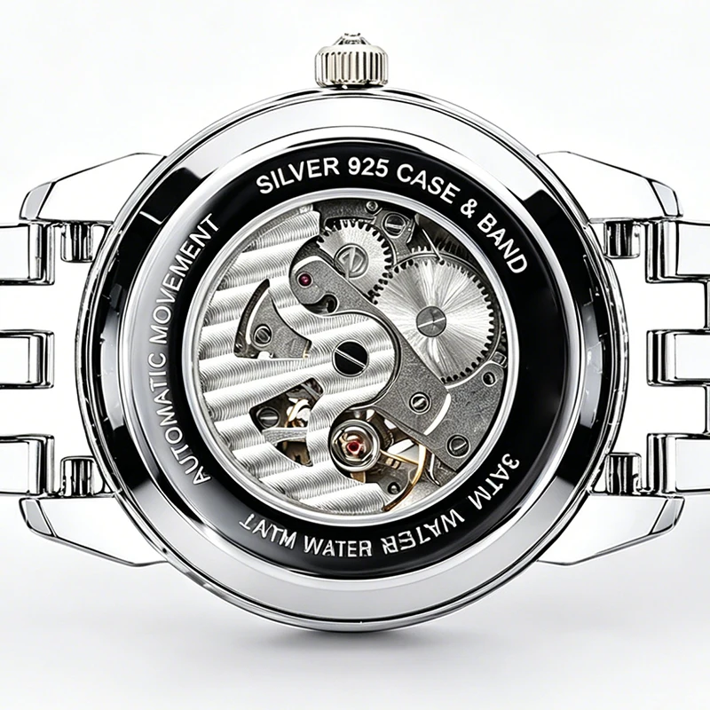 Women 925 Silver Plated Copper Automatic Mechanical Watch Skeleton Diamond Inlaid Two Tone Wristwatch For Ladies Luxury Jewelry
