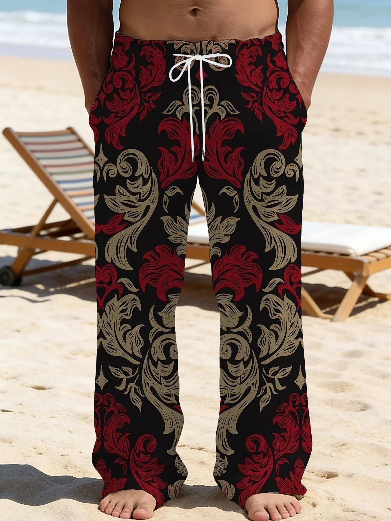 

2026 Men's Printed Straight Leg Pants Abstract Wave Pattern Drawstring Waist Loose Fit Summer Beach Casual Lightweight Pants