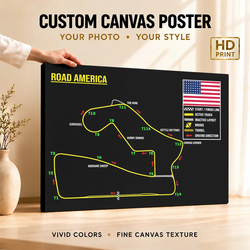 Road America Race Track Map Wood Framed Canvas Print Personalized Photo Annotated Linework Wall Art For Study Collector Gift