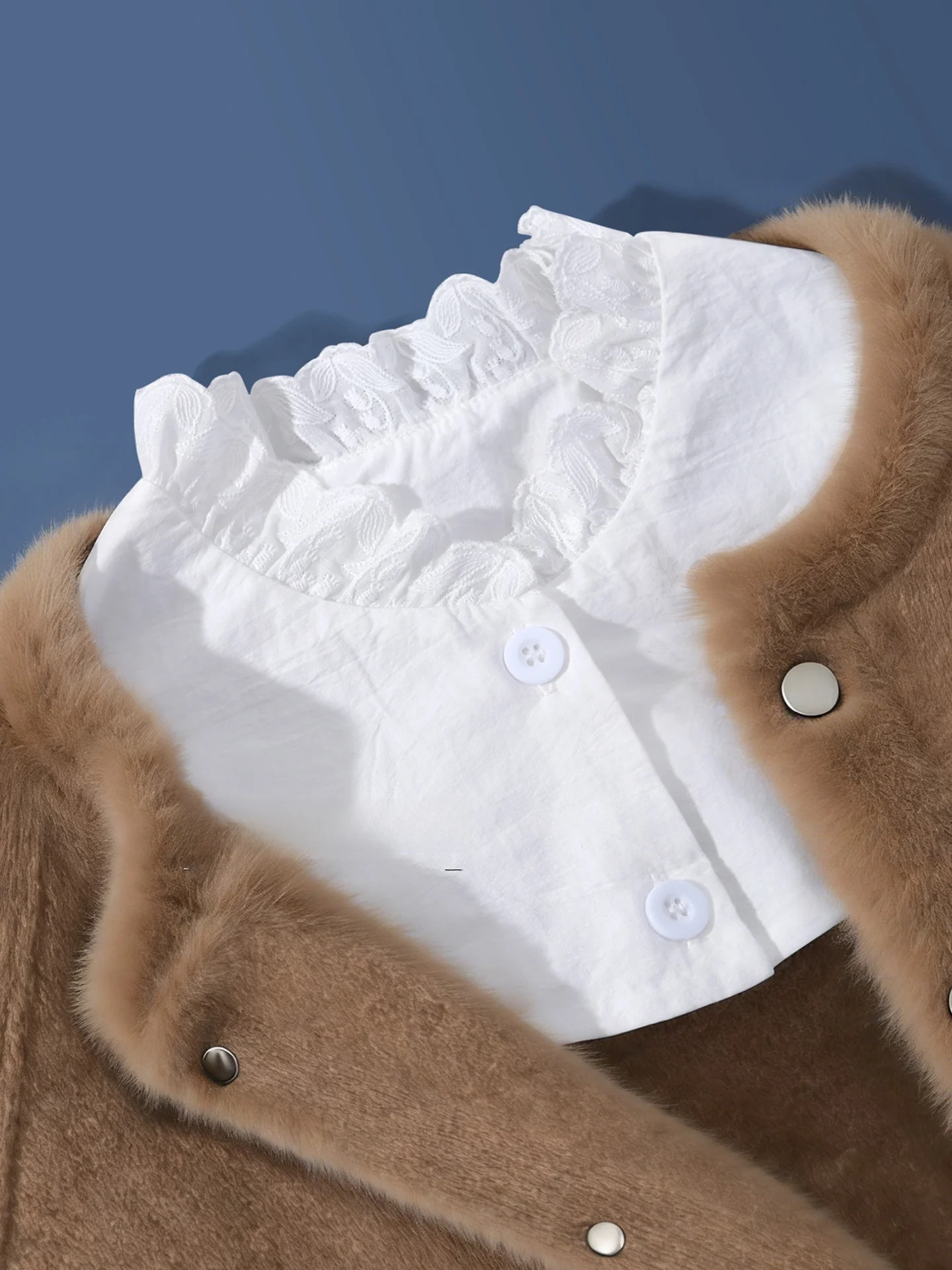 純綿木目調エッジカラー女性用スタンドカラーシャツ襟フェイクカラー白装飾ニットセーターレイヤリング多用途オープンボタン