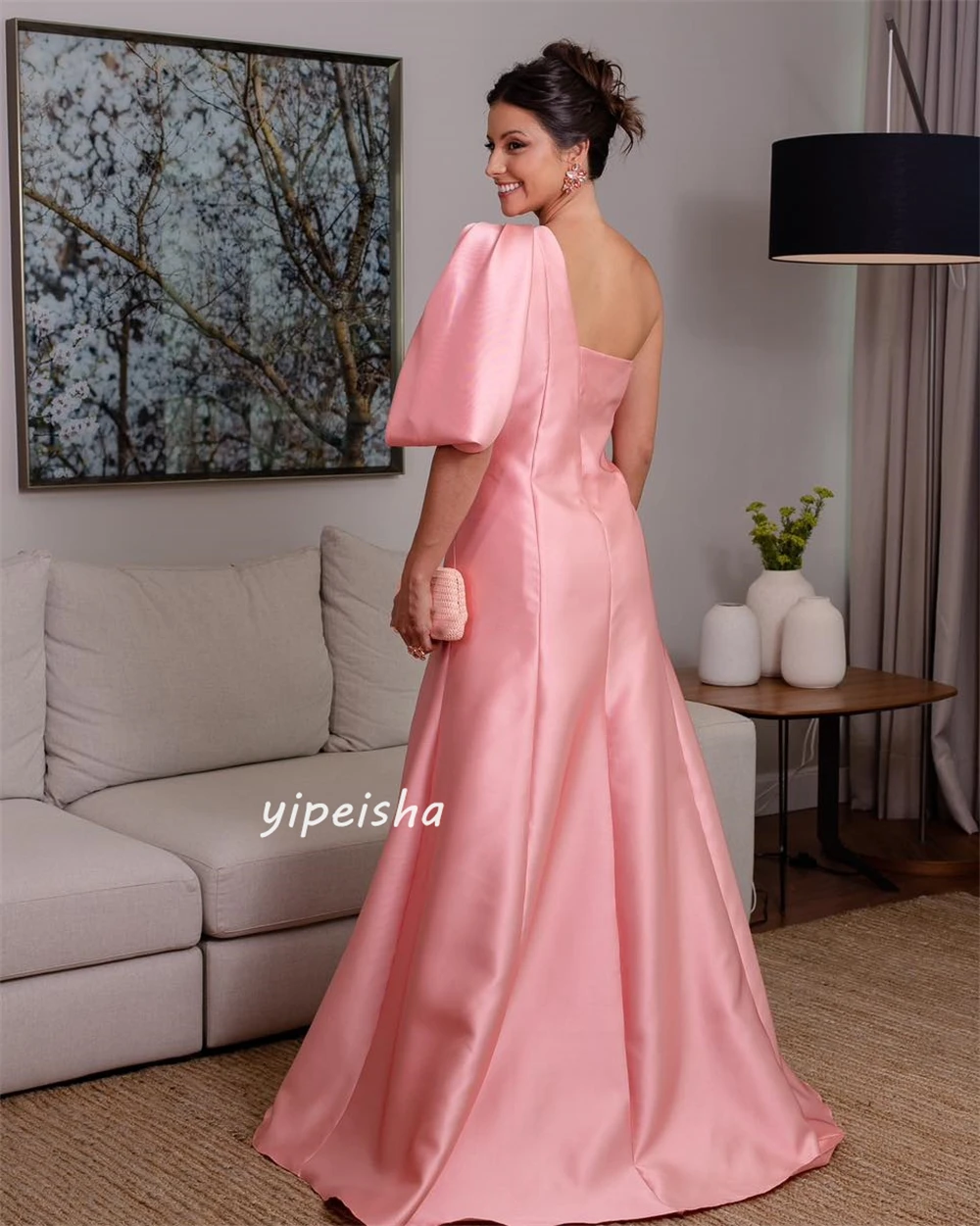 ที่กําหนดเองชุดราตรีซาติน Draped Pleat Ruched Party A-Line One-shoulder Bespoke โอกาสชุดยาวซาอุดีอาระเบีย