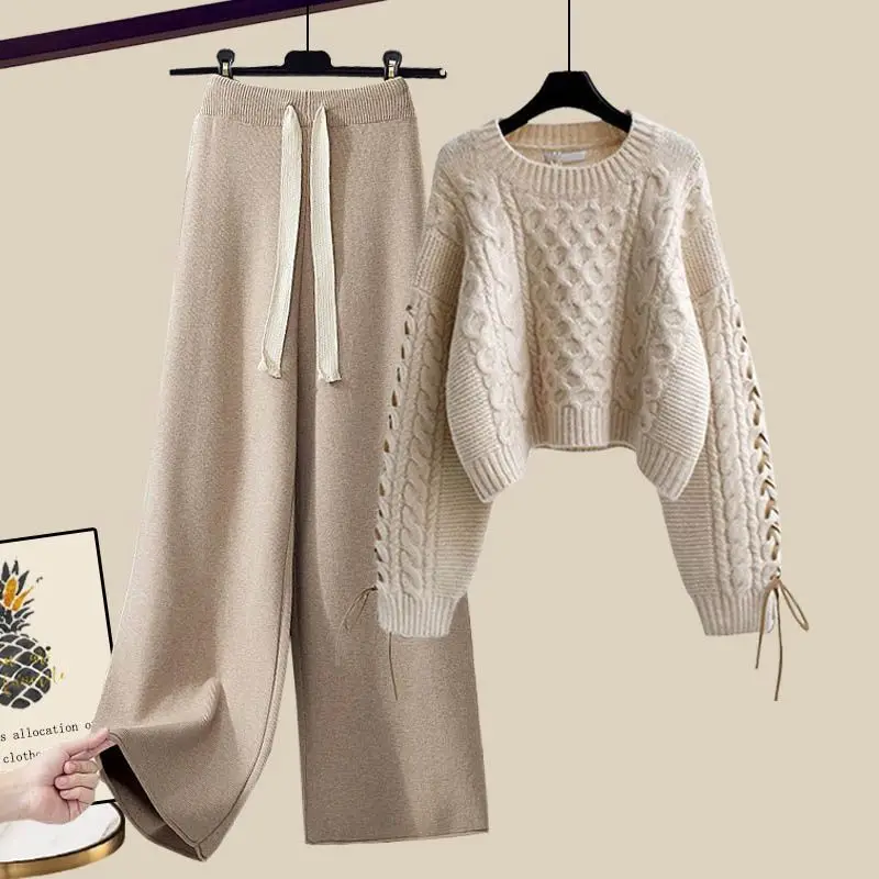 Autumn and winter women's set temperament knitted sweater+casual wide leg pants fashionable slim fit two-piece set trendy