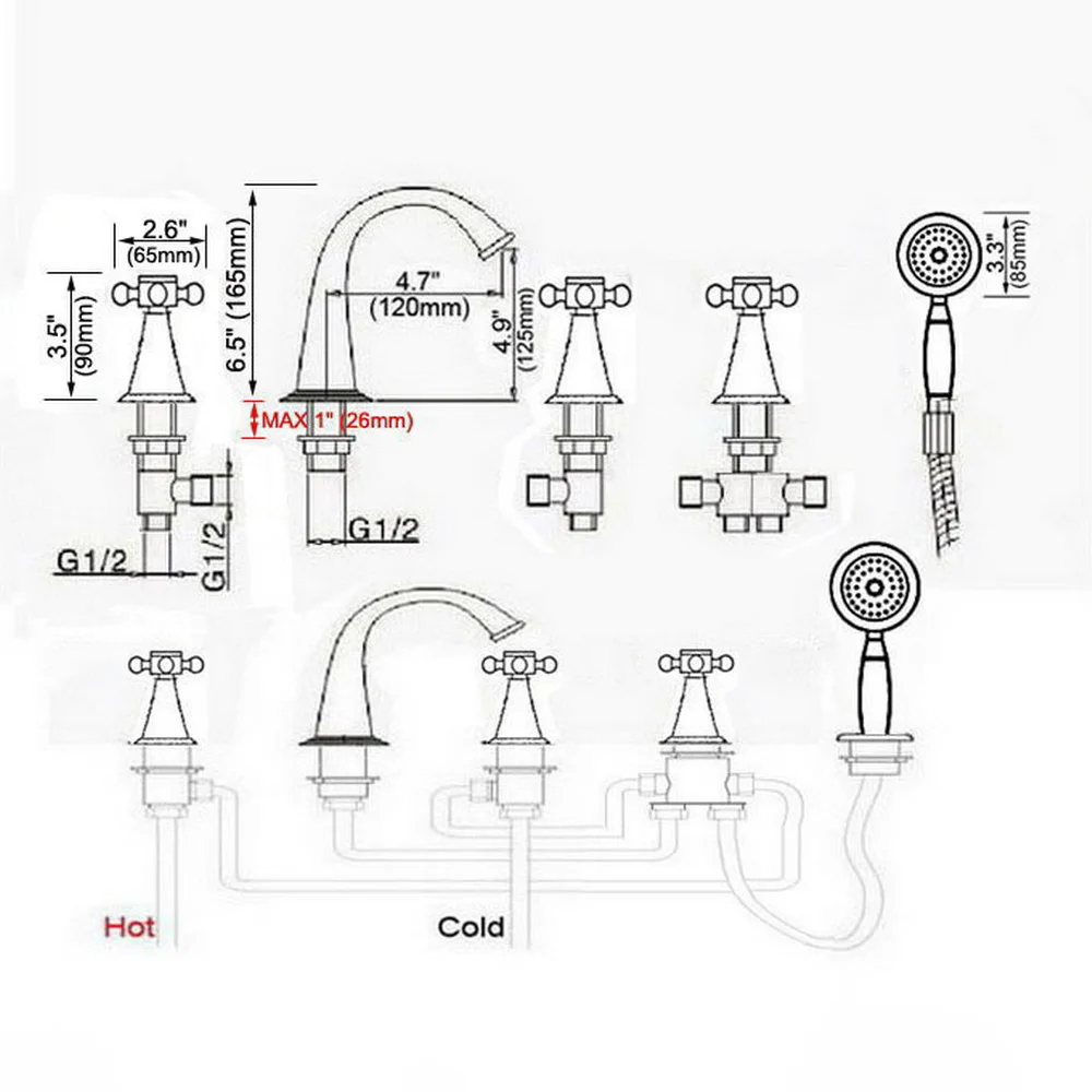 Luxury Gold Color Brass 5piece Bathtub fauce bathroom faucet for hot and cold Mixer tap Sink faucet 3 handle 5 hole Ntf057