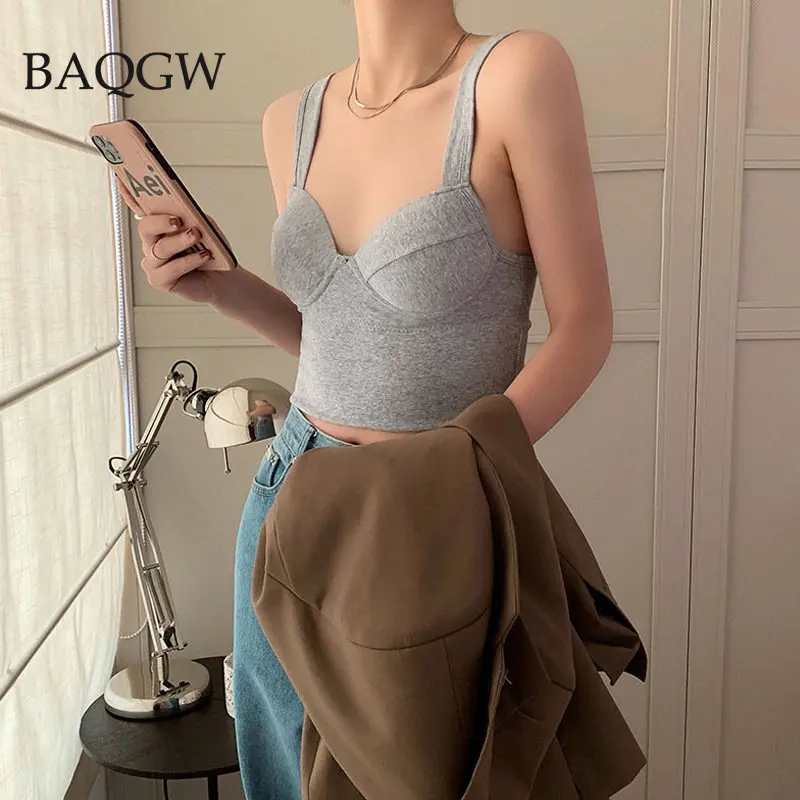 Korean Style Solid Padded Crop Top Women Sexy V Neck Beautiful Sleeveless Push Up Bra Comfortable Summer Basic Tank Top Camis